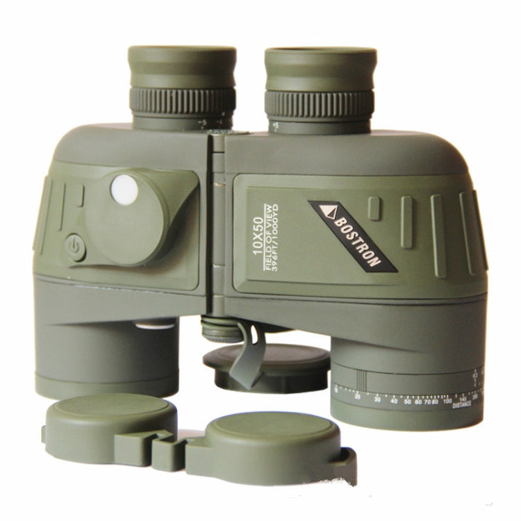 Olive 10x50 binoculars with lens caps and wrist strap, compact design