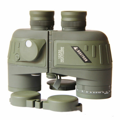 Olive 10x50 binoculars with lens caps and wrist strap, compact design