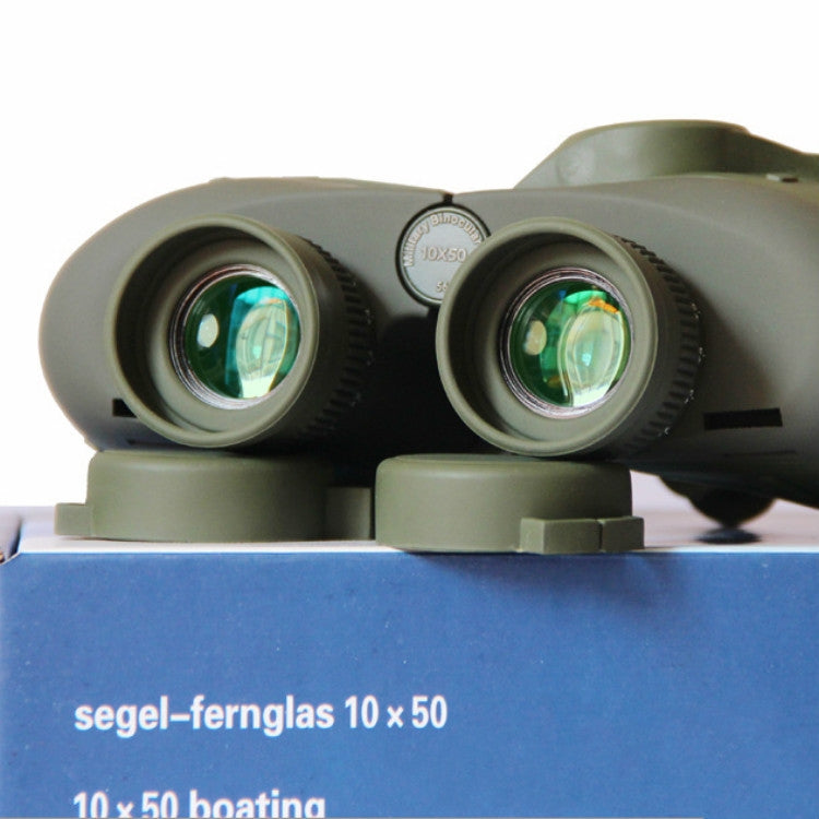 Olive 10x50 binoculars, close-up of two front objective lenses
