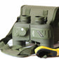 Olive 10x50 binoculars with carrying strap and included lens caps