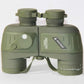 Olive 10x50 binoculars, front view with center bridge and adjustment wheel