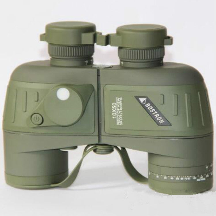 Olive 10x50 binoculars, front view with center bridge and adjustment wheel