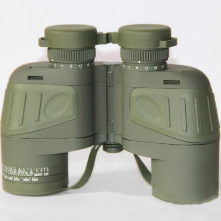 Olive 10x50 binoculars, rear view with two eyepiece housings