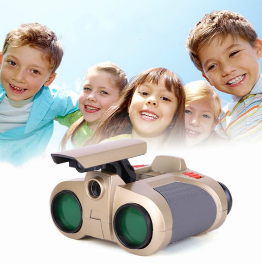 Beige kids night vision binoculars with green objective lenses and top adjustment