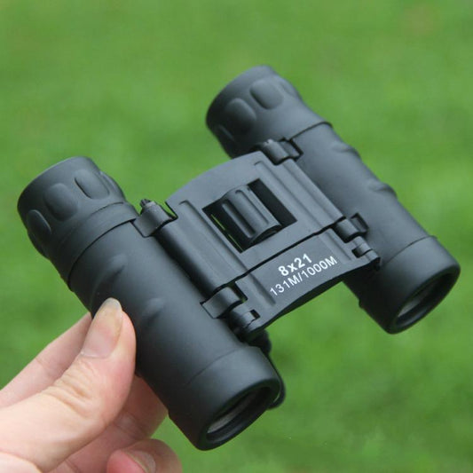Compact 8x21 binoculars, dark gray body with textured eyecups