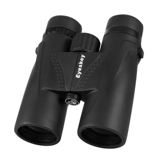 Black binoculars with textured grip and central hinge between two eyepieces