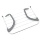 Foldable white drying rack with gray end supports and hanging bar clips