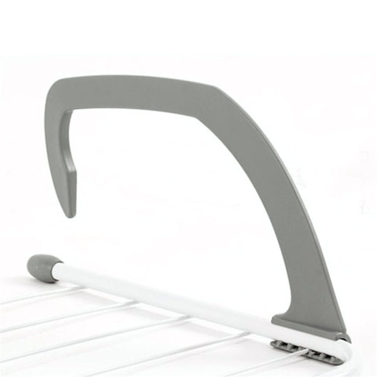 Gray end support and white wire bars on a foldable drying rack base