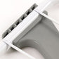Close-up of folding joint and gray support on a white drying rack frame