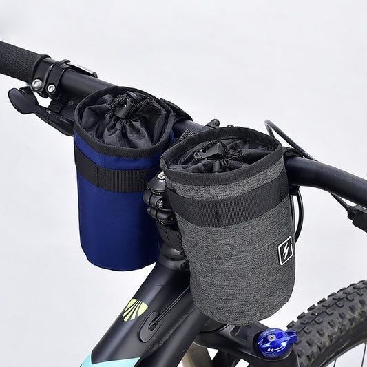 Mounted bicycle handlebar bottle holder bag in blue with black webbing straps