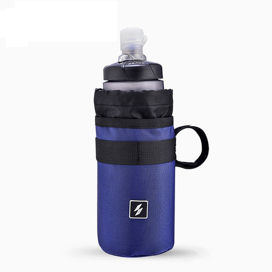 Blue insulated bicycle water bottle bag with carry handle and front logo, 750 ml