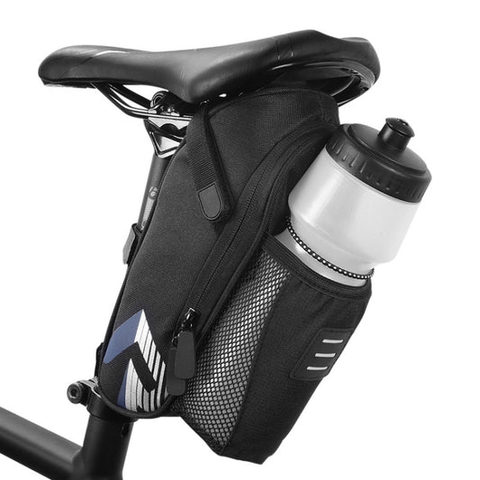 Black bike saddle bag with side mesh pocket and adjustable mounting straps