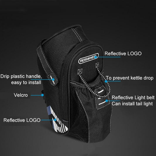 Black saddle bag with reflective logo, velcro strap, and light attachment points