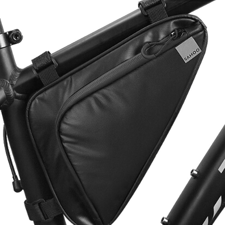 Black triangle bike front frame bag with zipper and adjustable mounting straps.