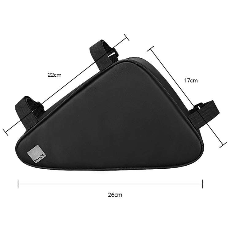 Black triangle bike front frame bag with mounting straps and size dimensions shown.