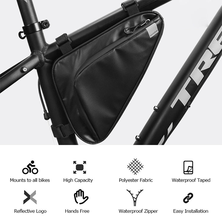 Black triangle bike front frame bag mounted on front frame with zipper and straps.