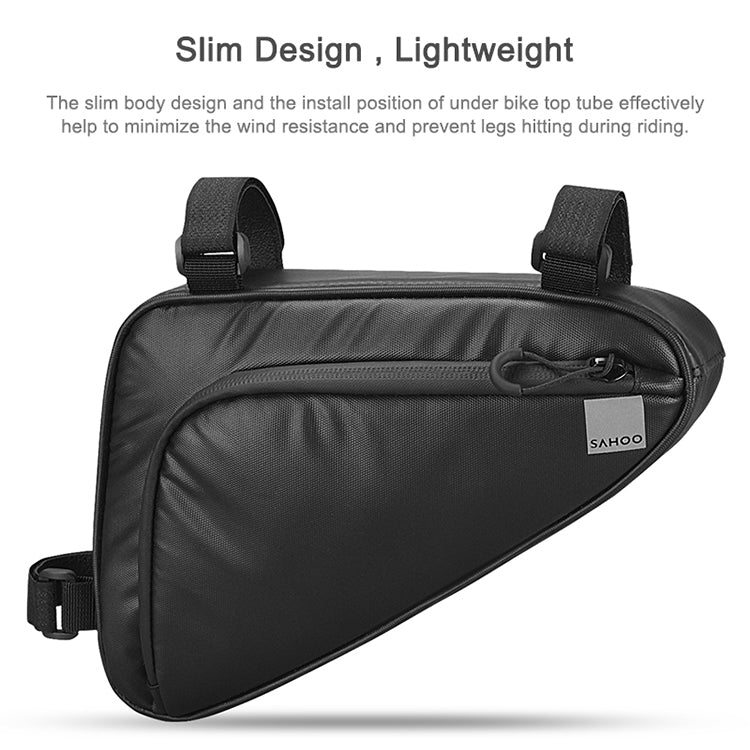 Black slim triangle bike front frame bag with top straps and side zipper pocket.