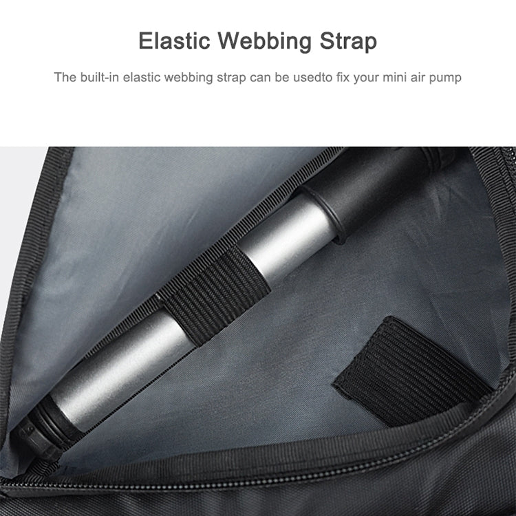 Black triangle bike front frame bag interior with elastic webbing strap and opening.