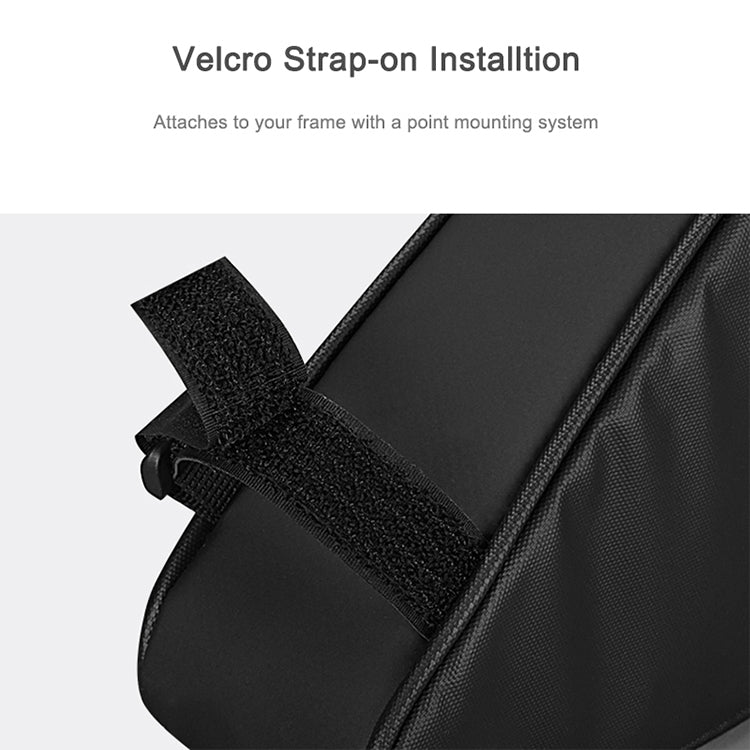 Black triangle bike front frame bag with hook-and-loop strap on mounting area.