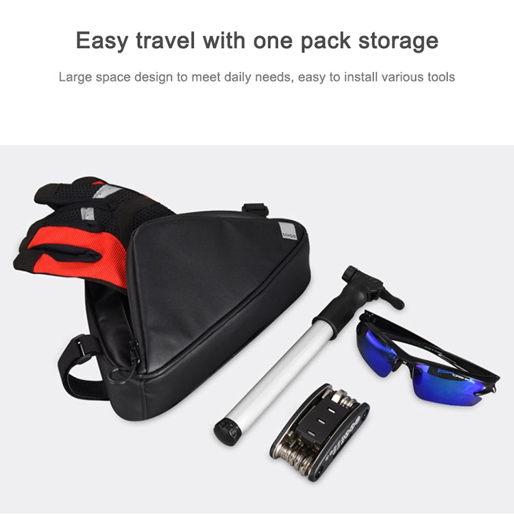 Black triangle bike front frame bag with zipper closure and adjustable mounting straps.