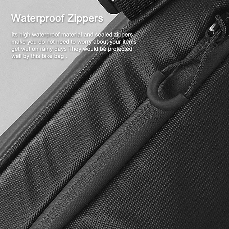 Close-up of black triangle bike front frame bag zipper and textured waterproof fabric.