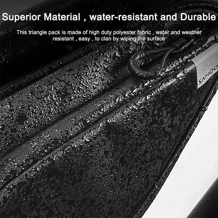 Black triangle bike front frame bag fabric with water-beading texture near zipper.