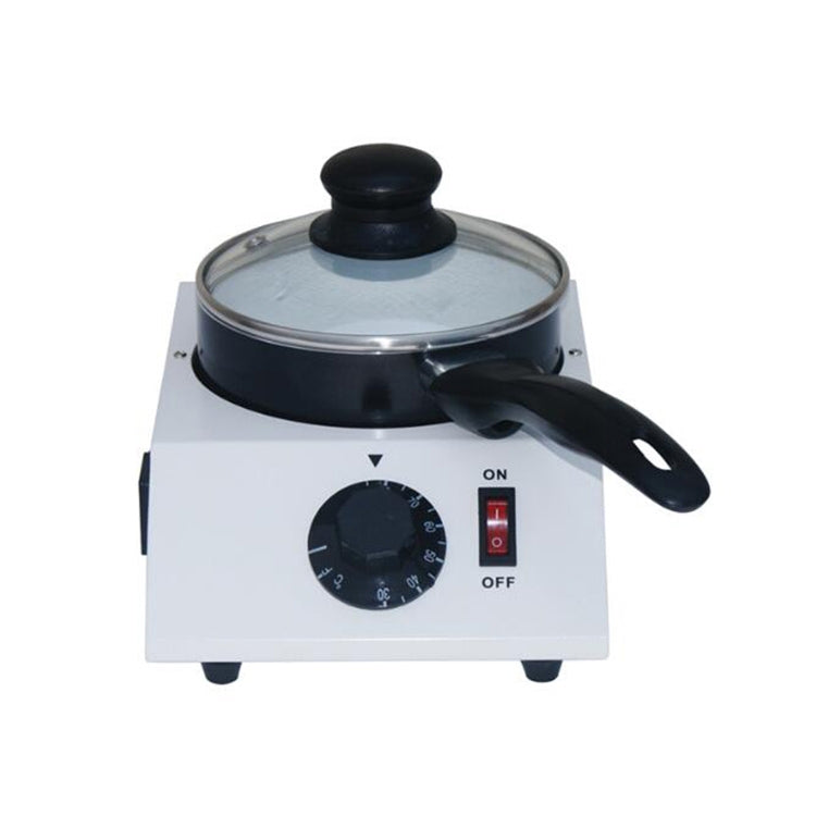 Chocolate melter with glass lid, black knob, and adjustable temperature dial