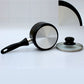 Melting pot pour strainer with black handle and matching glass lid