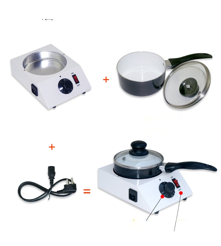 Melting machine set with base unit, cup, pot, lid, power cord, and probes