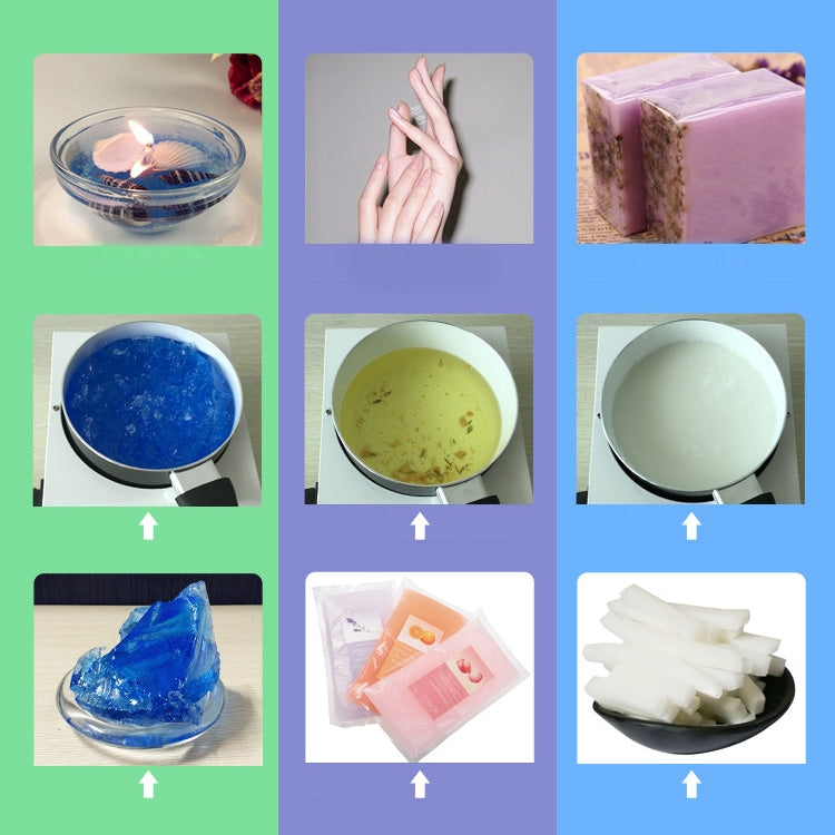 Photo grid of colored wax blocks melting in the machine pot