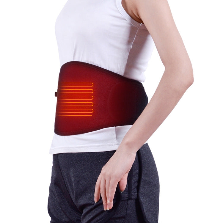 Red electric heating waist belt with glowing heat lines, worn on waist