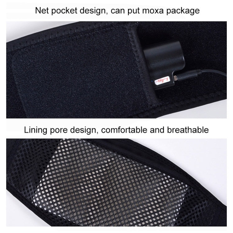 Black heating belt with net pocket and breathable mesh lining, close-up