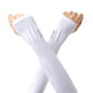 White ice-silk arm sleeves with thumb openings, seamless ribbed knit