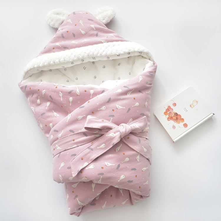 Pink baby holding blanket wrapped with hood and bow, white inner fabric lining