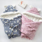 Baby holding blankets set: pink and navy cartoon prints with white fleece trim and bows