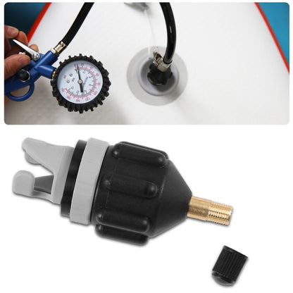 Inflatable adapter with gray housing and brass threaded connector, black cap attached