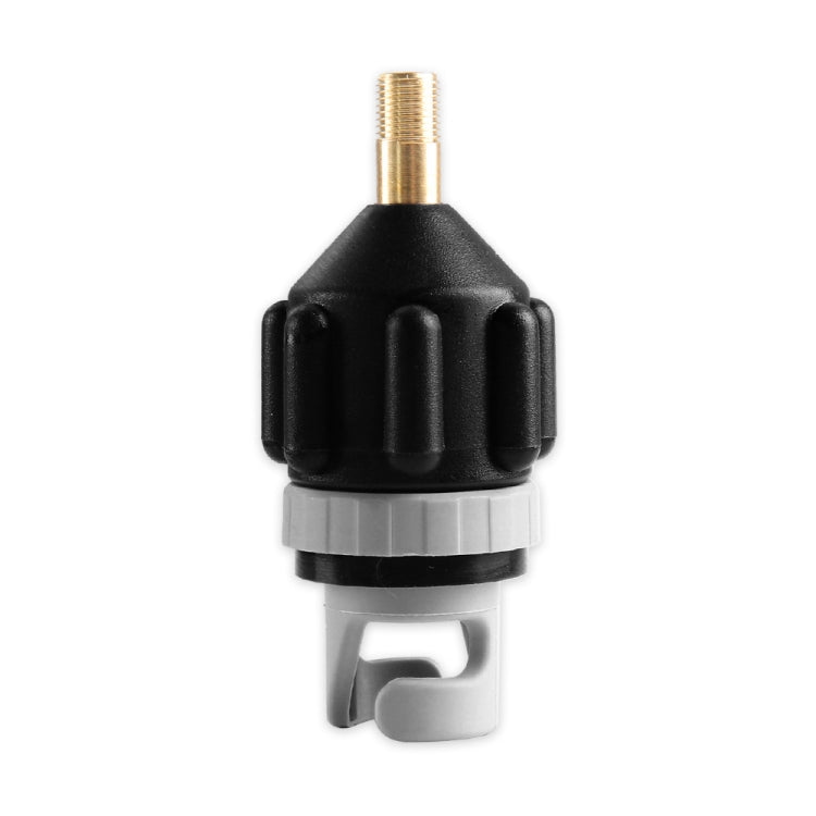 Black and gray inflatable adapter with brass threaded male fitting and nozzle end
