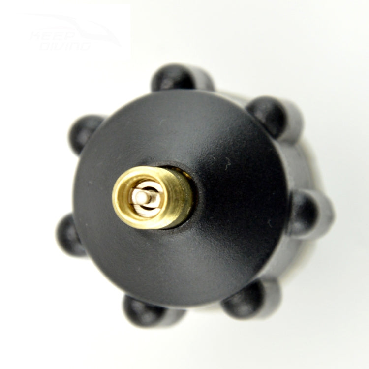 Close-up of black circular valve top with brass threaded opening and small lugs