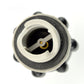 Top view of black inflatable valve adapter with white interior seal and brass pin