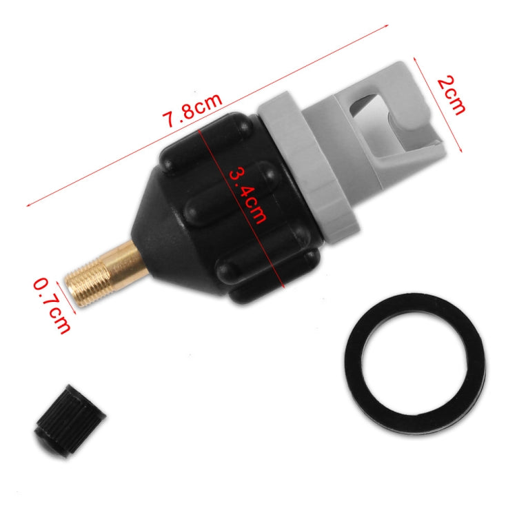 Inflatable valve adapter with brass thread, gray and black body, included black cap