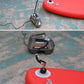 Inflatable adapter mounted on red raft during inflation with pump connected to valve