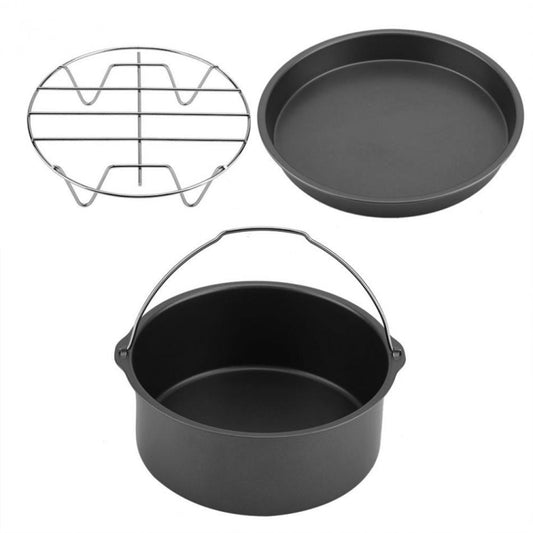 Air fryer accessory set with wire rack, round black pan, and black handled cooking bowl