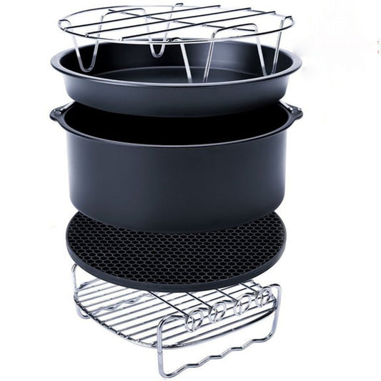 Air fryer accessory set with black pot, perforated basket, and wire rack inserts