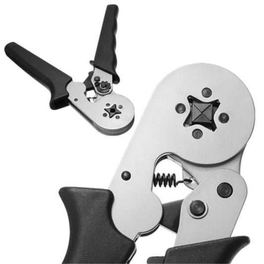 Self-adjusting crimping pliers close-up with circular die and visible metal spring.