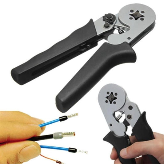 Self-adjusting crimping pliers with black handles and metal crimping head, open jaws.