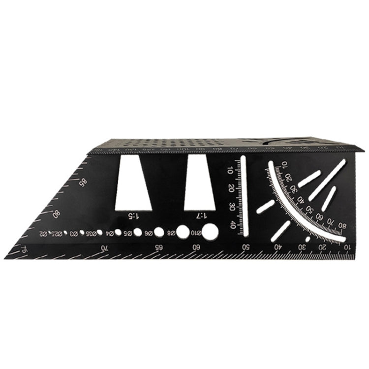 Black angle ruler with protractor scale, measurement lines, and finger-cut slots