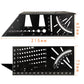 Black angle ruler with etched scales and arrow fins, shown with size dimensions