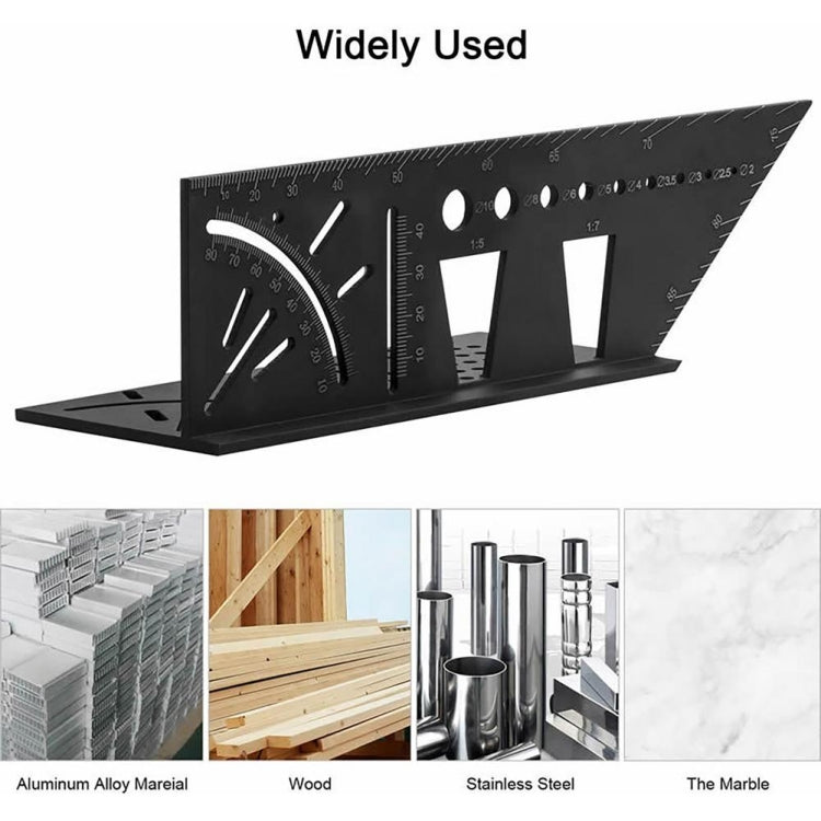 Black multi-function angle ruler with protractor arc, straight guides, and pivot notches
