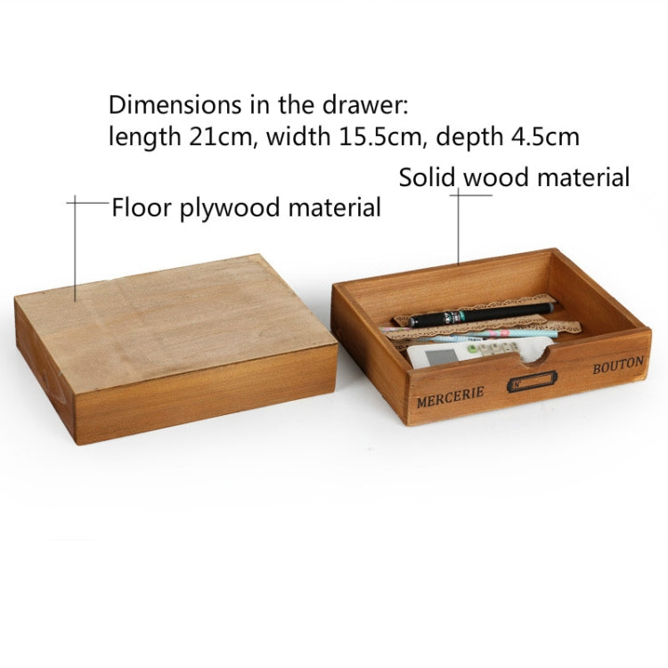 Wooden drawer storage cabinet with open top drawer showing contents and dimensions callout.