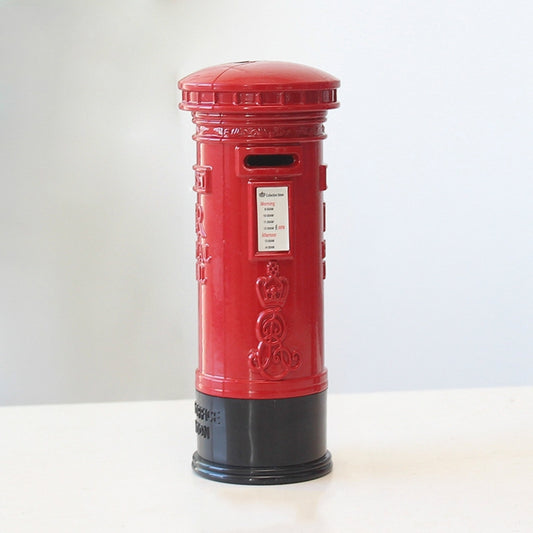 Red tin telephone booth piggy bank mailbox with black base and top coin slot
